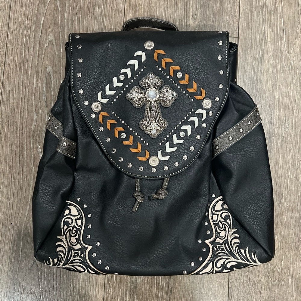 Black Backpack with Cross and Studded Design